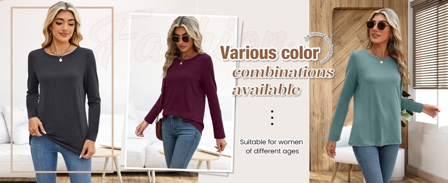 MOSHU 3 Pack T Shirts for Women Crew Neck Long Sleeve Womens shirts Casual Loose Fit Fall Tops