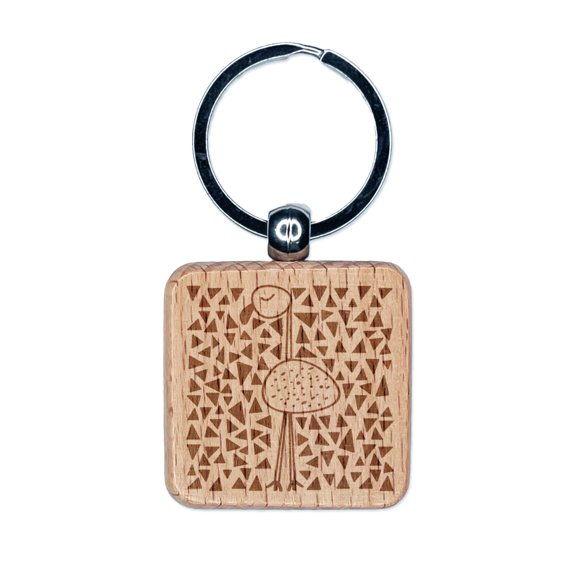Flamingo Resting Doodle Square Keychain Charm Tag - Engraved Wood