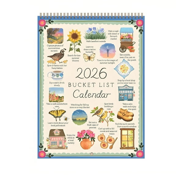 2026 Bucket List Monthly Calendar – 12-Inch Sturdy Paper Wall Hanging with Vintage Art, Goal Prompts & Stickers for Home Office Organization 1PC