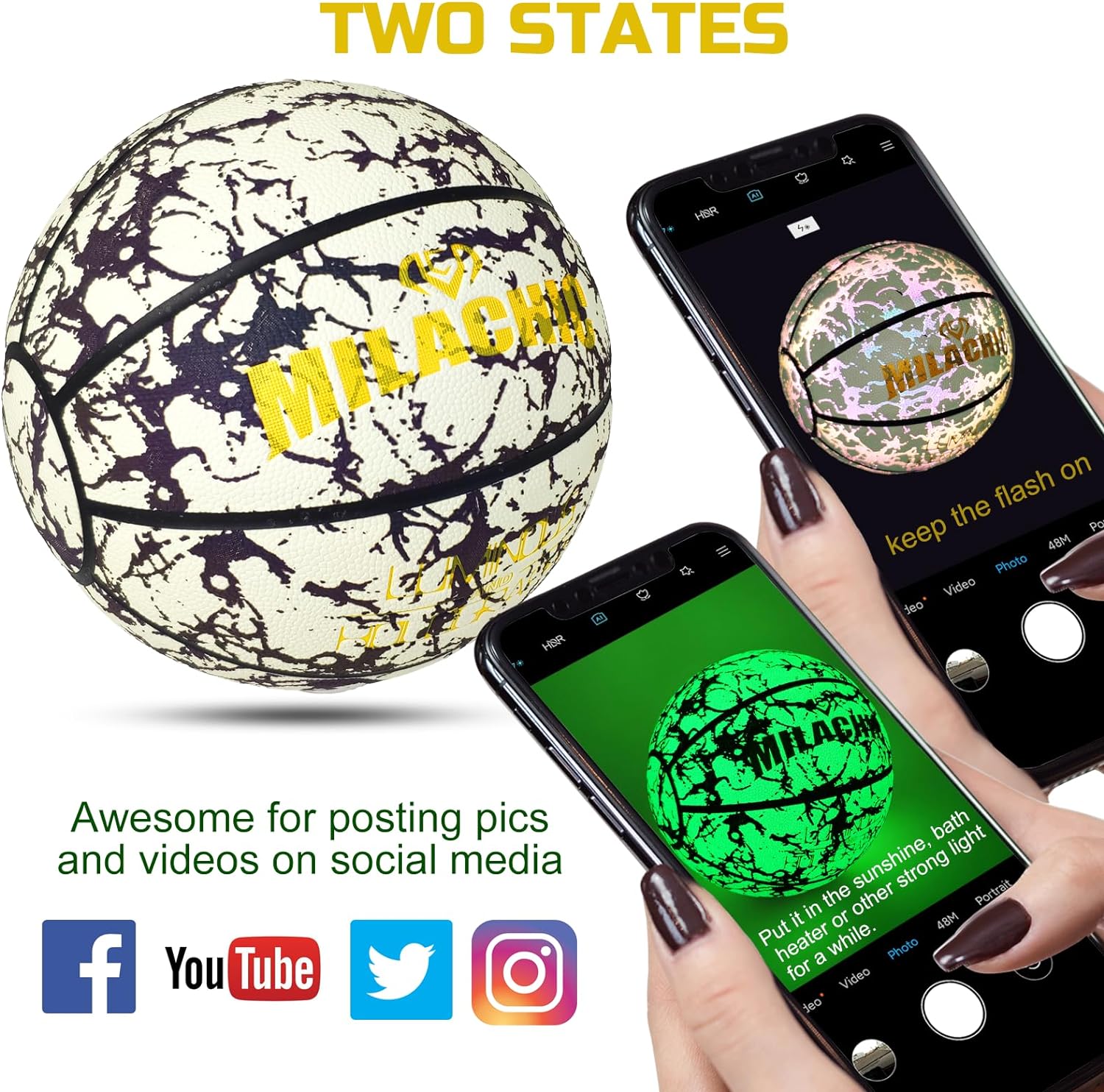 Basketball, Glow in The Dark Holographic Basketball, Official Size 7 Indoor Outdoor Luminous Glowing Leather Basketball 29.5" - with Pump