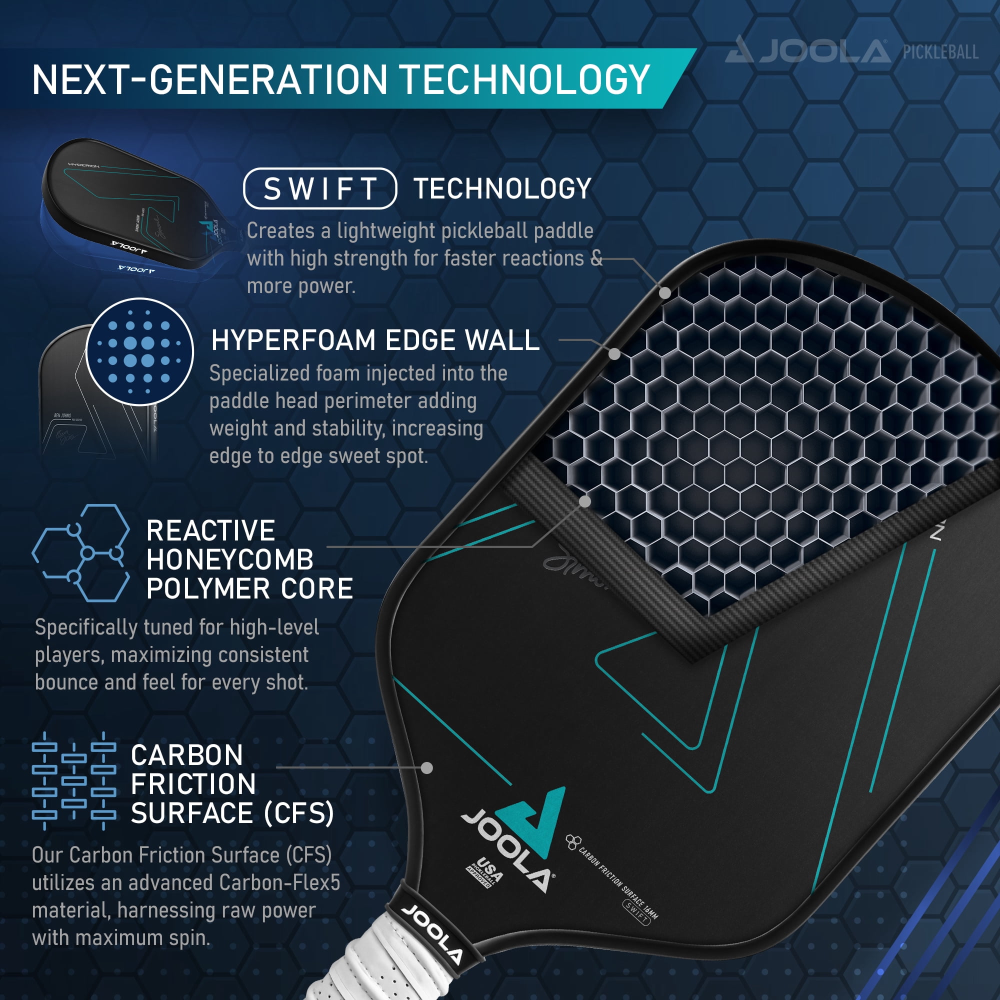 JOOLA Simone Jardim Hyperion CFS 16mm Swift Pickleball Paddle,  Carbon, Elongated , Black