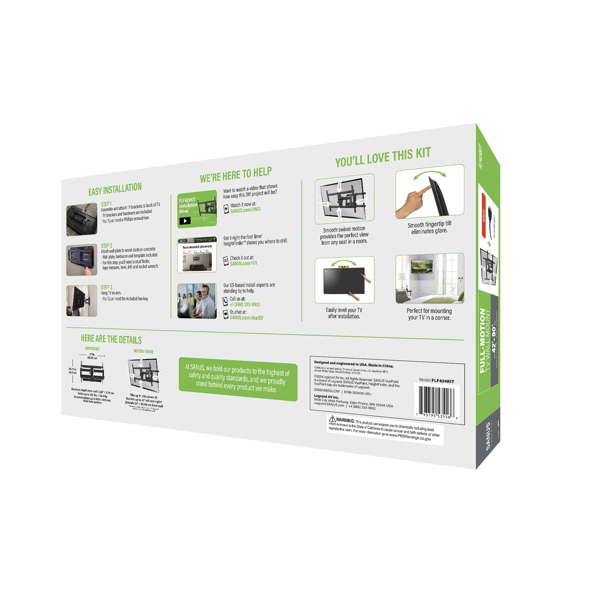 SANUS VuePoint Full-Motion TV Mount for TVs 42"-85" up to 120 lbs