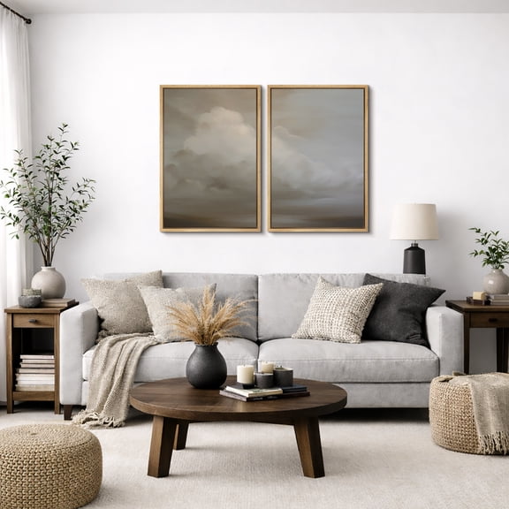 Framed Canvas Wall Art Set of 2 Vintage Cloudy Sky Prints for Living Room Decoration - 16"x24"x2 NATURAL