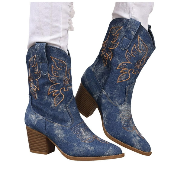 Chenyee Cowboy Boots for Women Wide Calf Classic Embroidered Pointed Toe Chunky Heel Pull On Cowgirl Booties