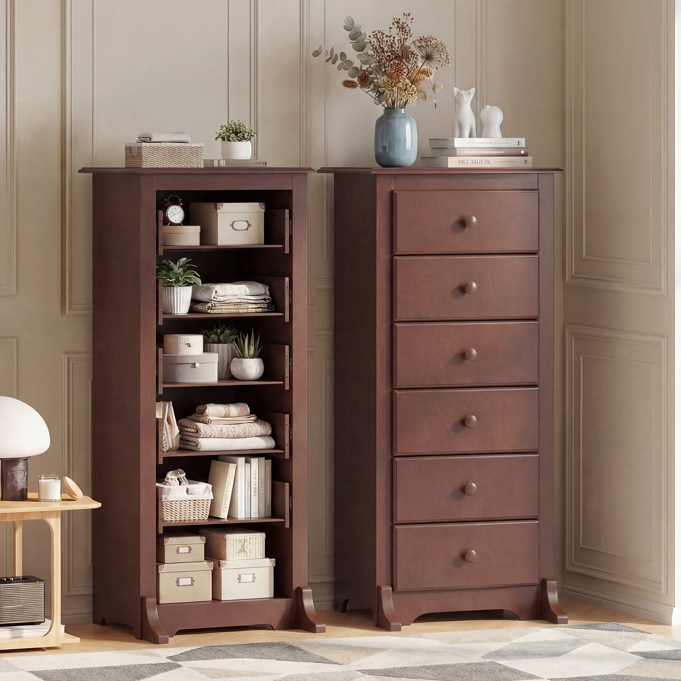 EDX 6 Drawer Wooden Dresser Chest for Bedroom, 19" x 23.25" x 52.75", Modern Storage Cabinet for Living Room Closet, Brown