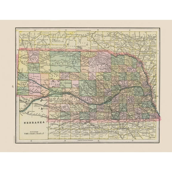 Historic State Map - Nebraska - Cram 1892 - 29.91 x 23 - Vintage Wall Art