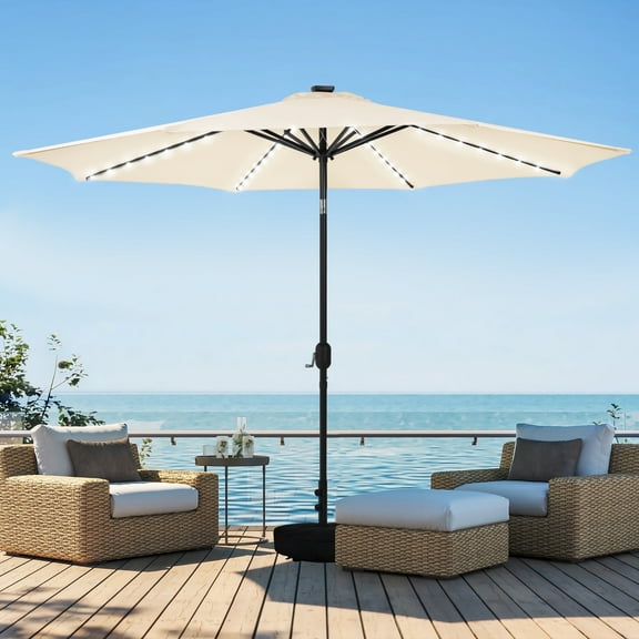 HARBOURSIDE 9ft Solar-Powered Outdoor Umbrella with LED Lights - 10 Solar LED Bulbs, Heavy Duty Base & Sand Bag for Patio/Garden/Poolside, Waterproof UV-Resistant Sun Shade Canopy,Beige