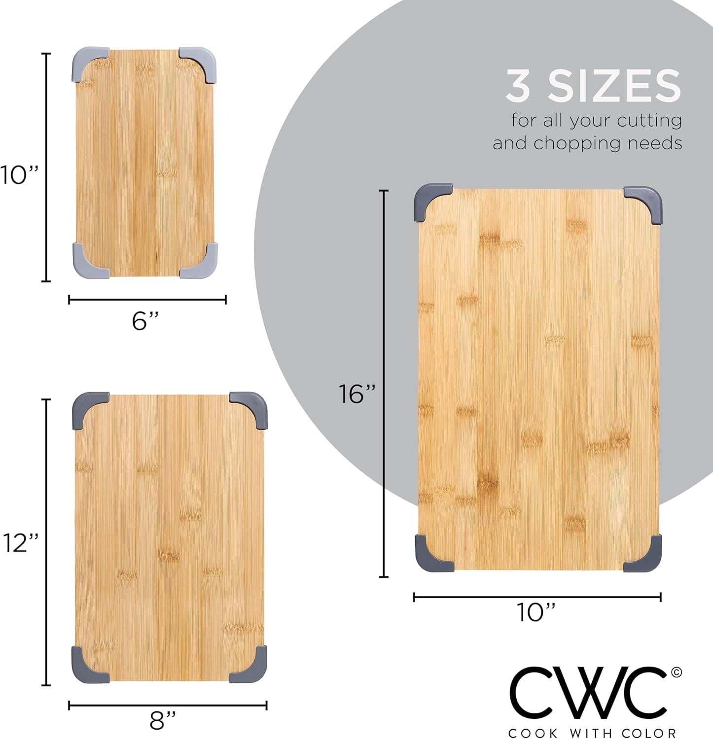 COOK WITH COLOR 3-Piece Bamboo Cutting Board Set, Non-slip Chopping Board Kitchen Utensils Set Home Essentials, Sage Edge