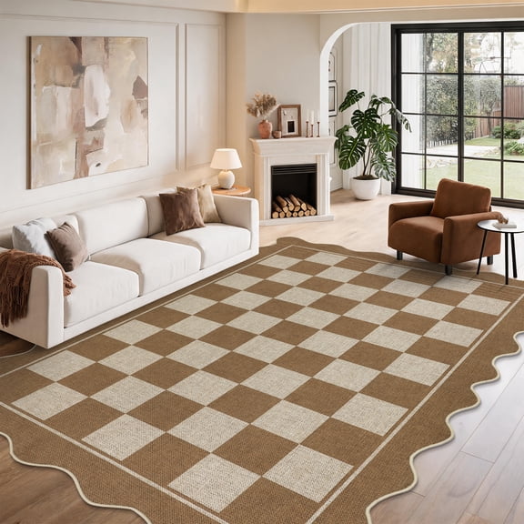 ZACOO 9'x12' Easy Jute(Print Pattern) Area Rug, Machine Washable Ultra‑Thin Low Pile Non‑Slip Scalloped Edge Carpet for Living Room Dining Room, Coffee