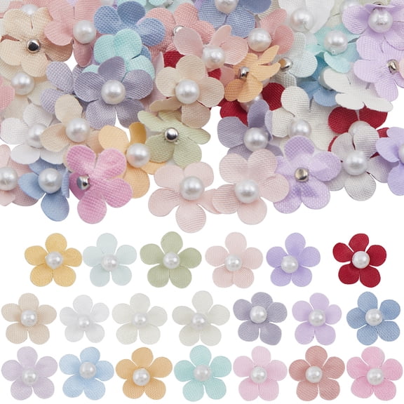 100Pcs 20 Colors Mini Satin Flowers with Pearls Tiny Fabric Sew on Flower Applique Ribbon Embellishment Supplies for Wreaths Sewing DIY Craft