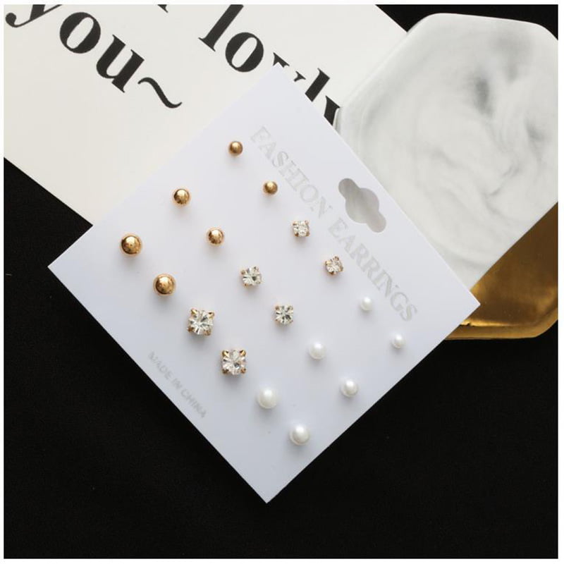 9 Pairs Gold Earrings Set Rhinestone Crystal Pearl Ear Stud Ladies 