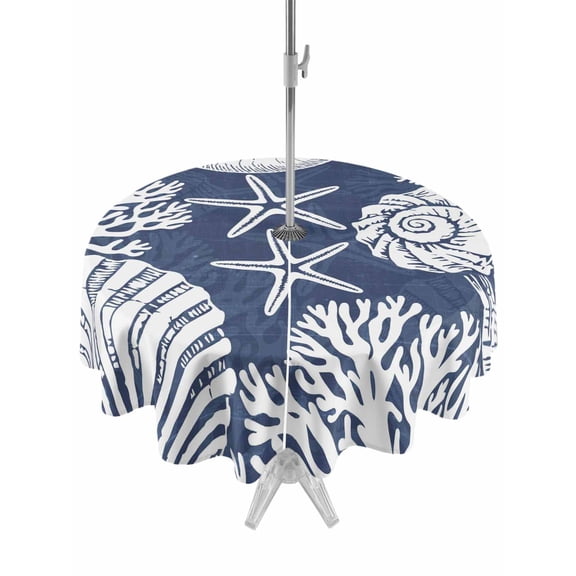 Round Outdoor Tablecloth with Umbrella Hole and Zipper 60 Inch, Navy Blue Starfish Coastal Waterproof Patio Table Cloth, Summer Coral Shell Beach Nautical Washable Picnic Table Cover for Camping