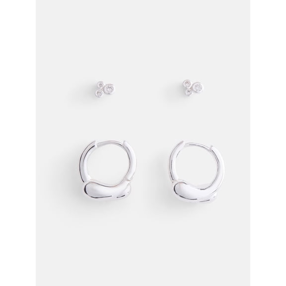 Free Assembly Women's Demi Fine Silver Plated Cubic Zirconia and Endless Hoop Earring Set, 2-Pairs