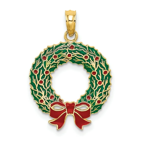 14K Yellow Gold Enameled Christmas Wreath Charm Pendant