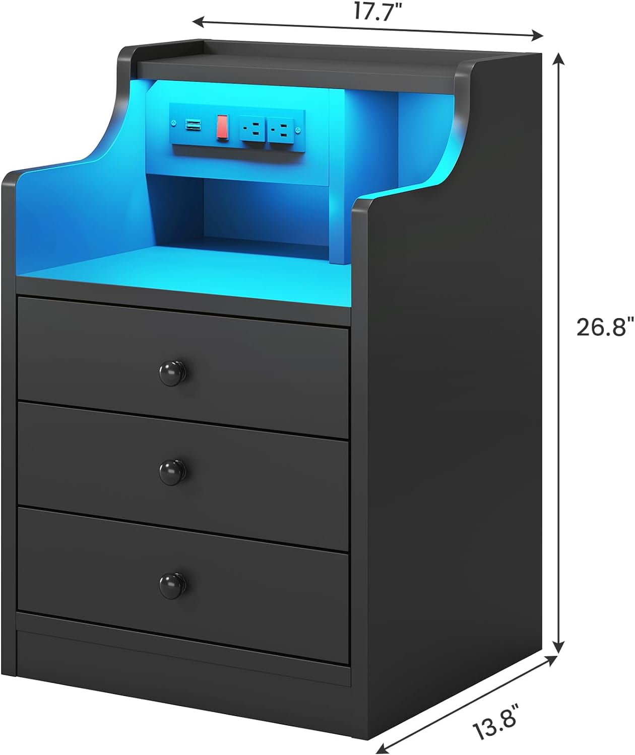 Afuhokles Black Nightstand Set of 2 with LED Light and Charging Station, Modern Bedside Table with Drawers