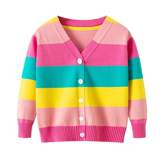 WIBACKER 1-6T Toddler Kids Baby Girls V Neck Rainbow Stripe Cardigan Casual Sweater Knit Coat