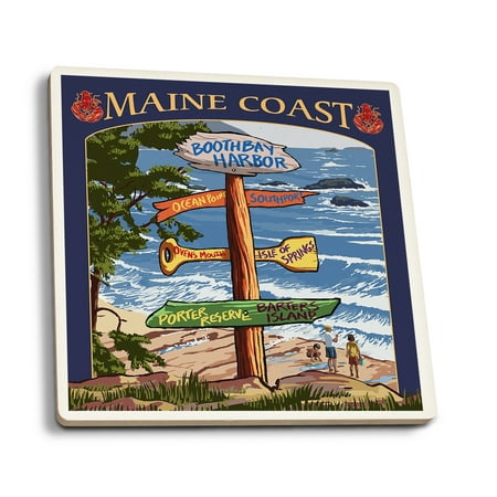 

Boothbay Harbor Maine Destinations Sign (Absorbent Ceramic Coasters Set of 4 Matching Images Cork Back Kitchen Table Decor)