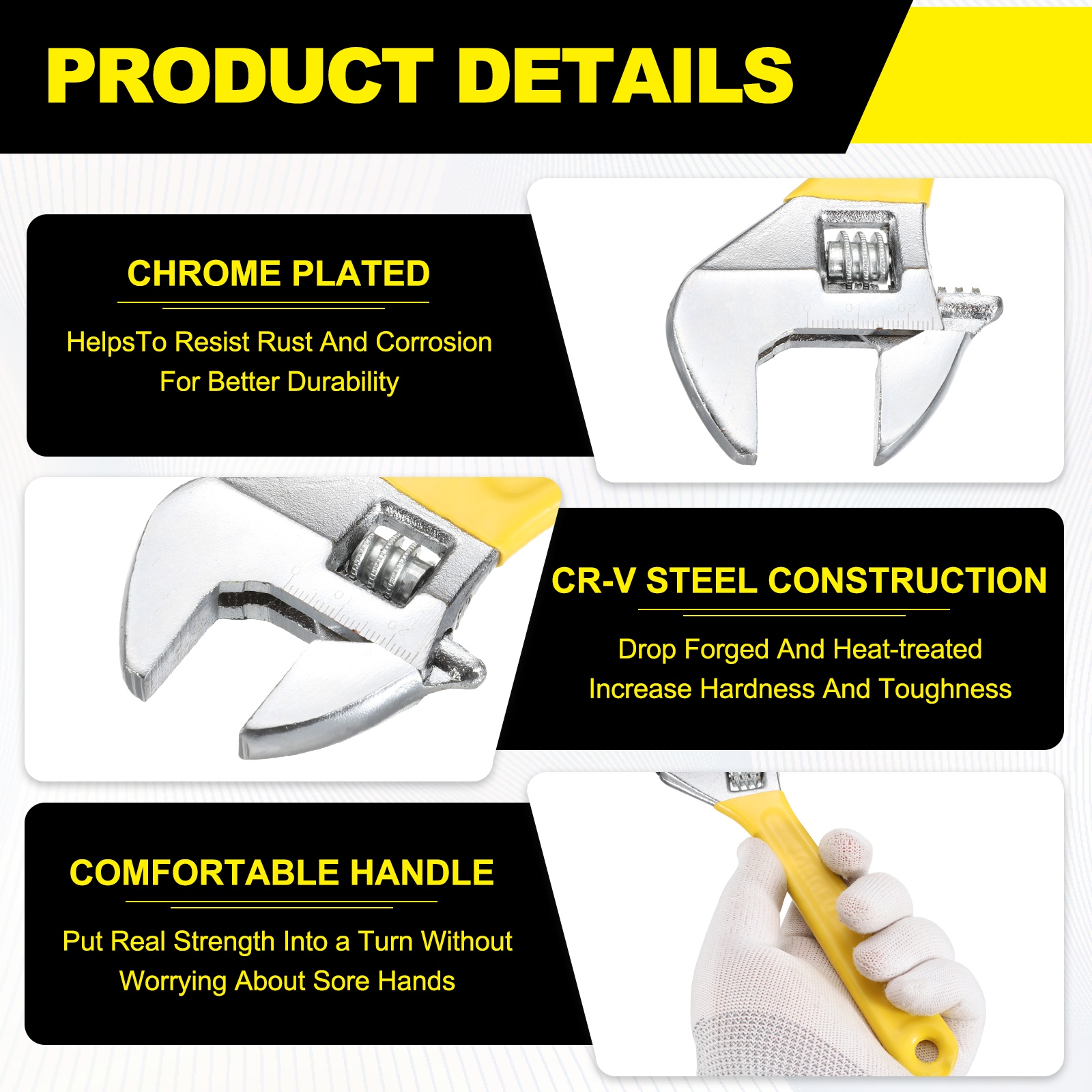Uxcell 3pcs Adjustable Wrench 6/8/10" High Carbon Steel Industrial Wide Jaw Wrench Adjustable Repairs Spanner Tool with Graduated Scale for Home Garage Workshop Plumbing, Yellow