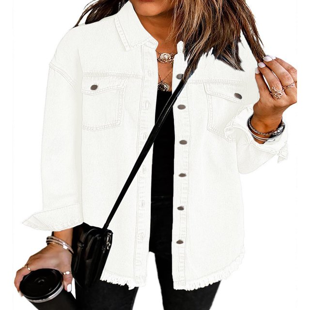 Vetinee Women‘s Oversized Button Up Frayed Hem Denim Jacket Button Down Long Sleeve Pockets Jean Jacket Size S-2XL