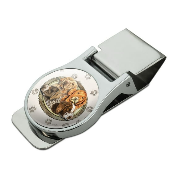 Hunting Dogs Oval Satin Chrome Plated Metal Money Clip