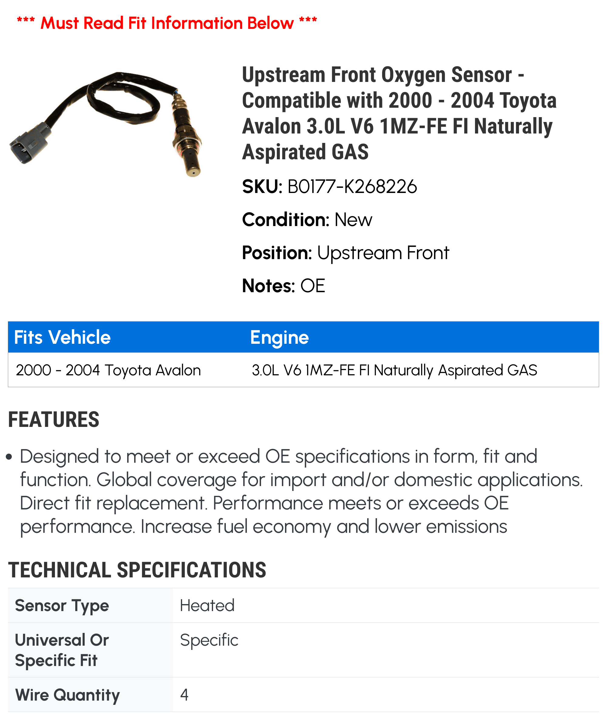 Upstream Front Oxygen Sensor - Compatible with 2000 - 2004 Toyota Avalon 3.0L V6 1MZ-FE FI Naturally Aspirated GAS 2001 2002 2003