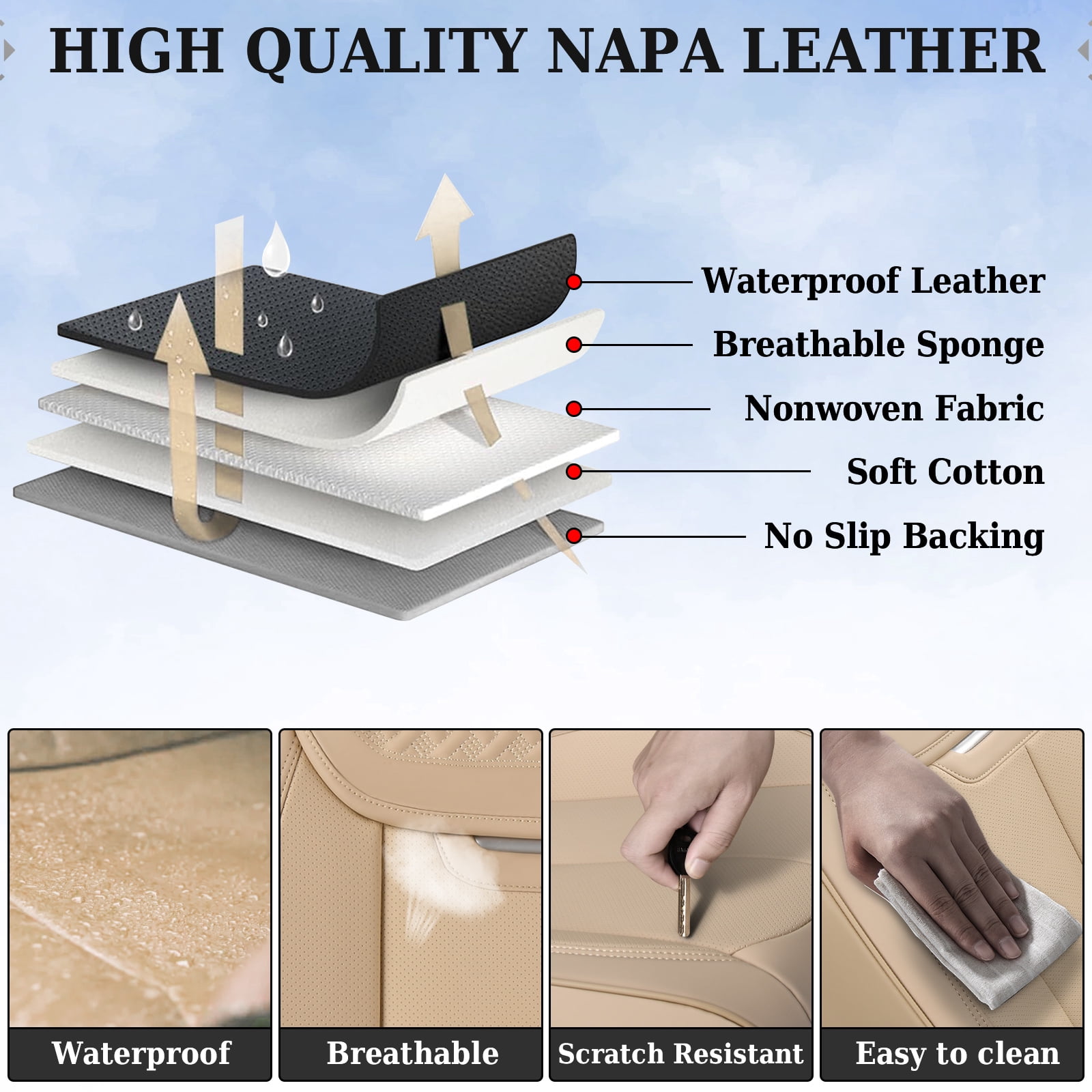 Coverado Car Seat Covers Full Set, Luxury Leather Front and Back Seat Protectors, Automotive Interior Cushions Universal Fit Most Cars, Beige