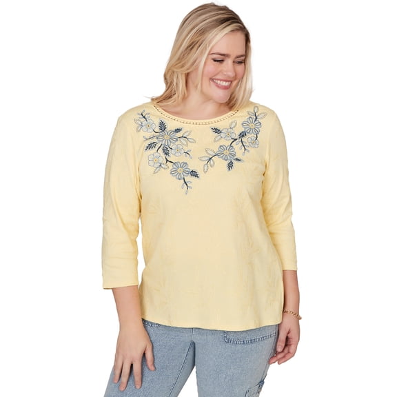 Alfred Dunner Womens Floral Embroidered Sunshine Top