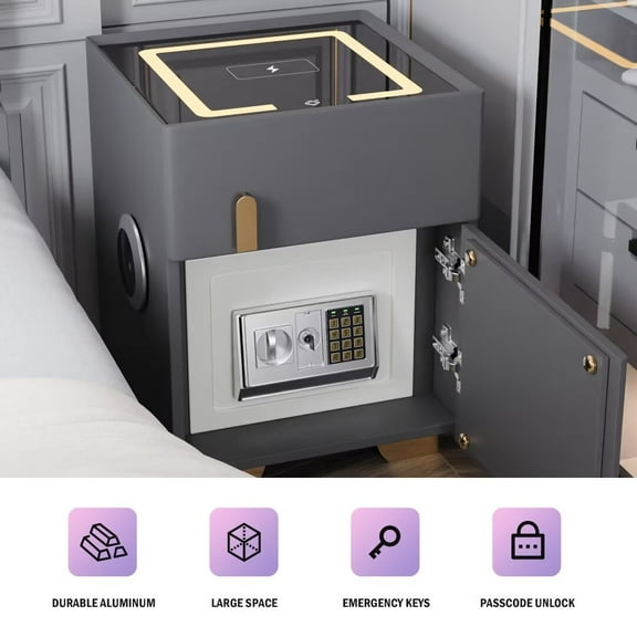 AFANQI Nightstand With Safe Box And Led Lights And Wireless Charge And Bluetooth Speaker