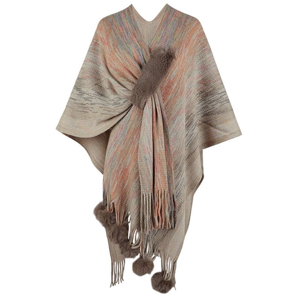 Women Autumn Cape Elegant Loose Knitting Colorful Irregular Hem Warm Three Quarter Sleeves Plush Ball Bohemia Lady Cloak for Work