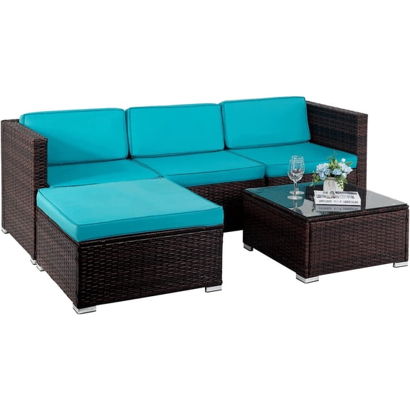 FDW 5-Piece Outdoor Patio Furniture Set, Rattan Wicker Sofa, Chairs & Table, Blue