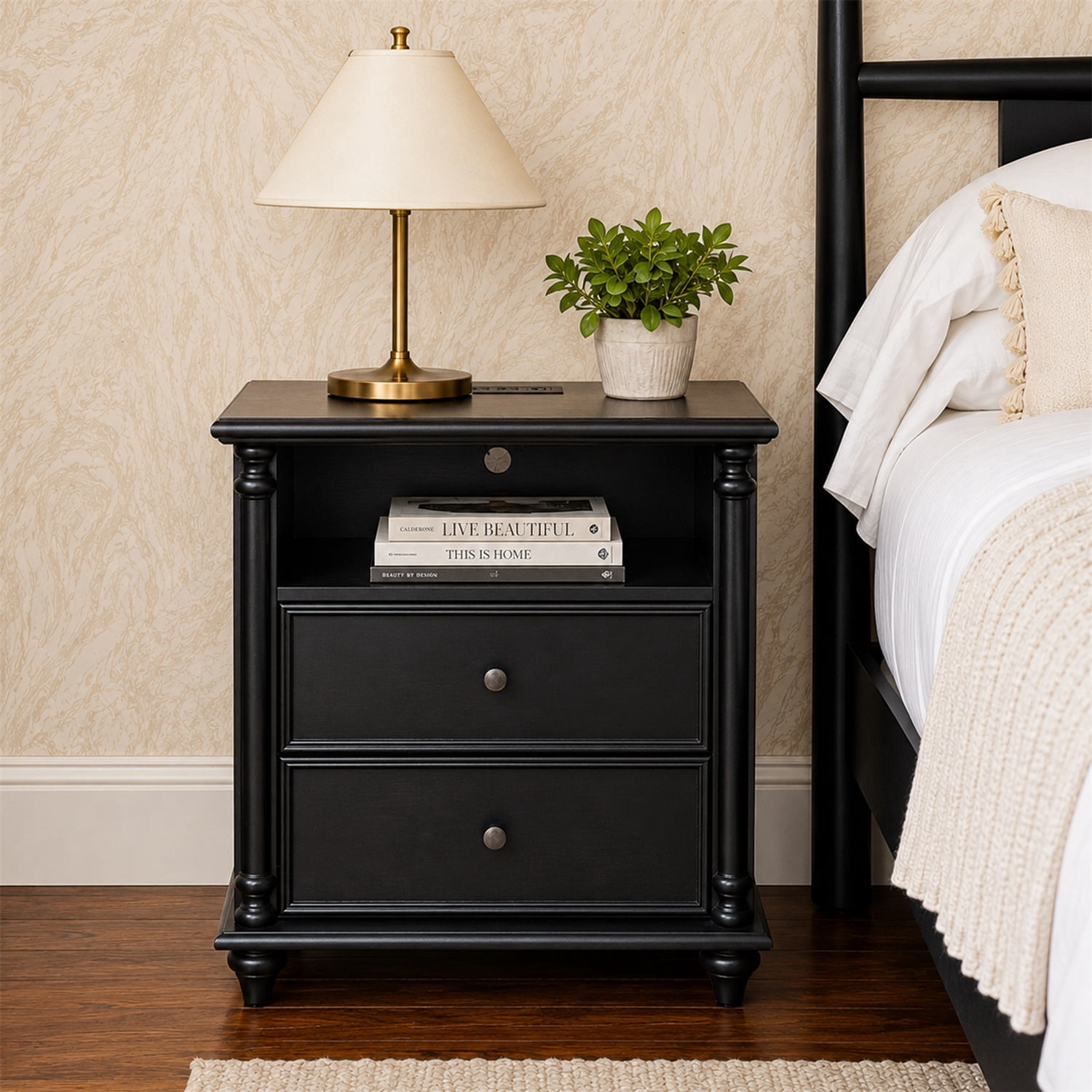 Hommoo 28" Farmhouse Nightstand with Built-in Charging Station, Wood Bedside Table with 2 Drawers, AC Outlets & USB & Type-C Ports for Bedroom or Living Room, Black