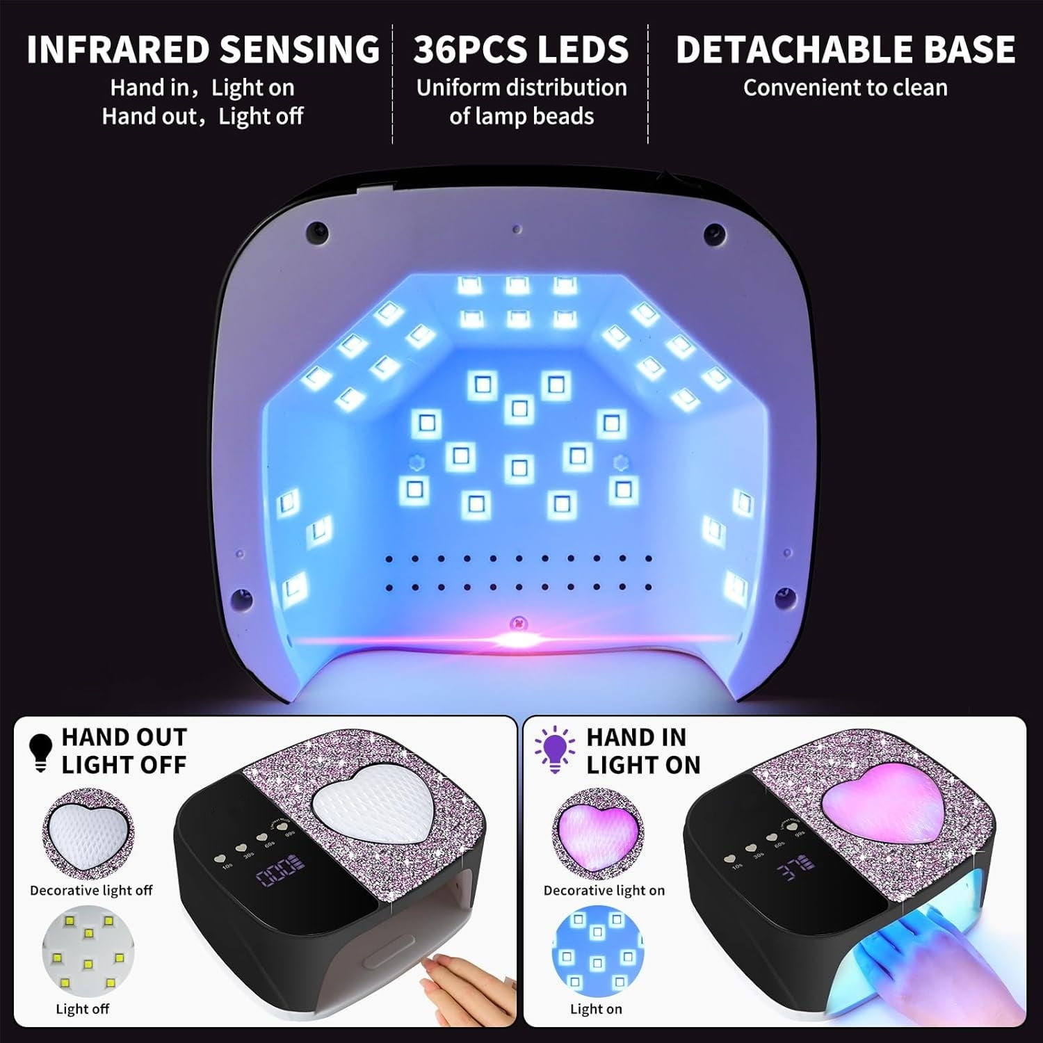UV LED Nail Lamp Kit for Gel Polish Professional Fast Curing Black Dryer Light Set with 4 Timer Settings Cordless Rechargeable Nail Art Cure Machine for Manicure Pedicure at Home and Salon