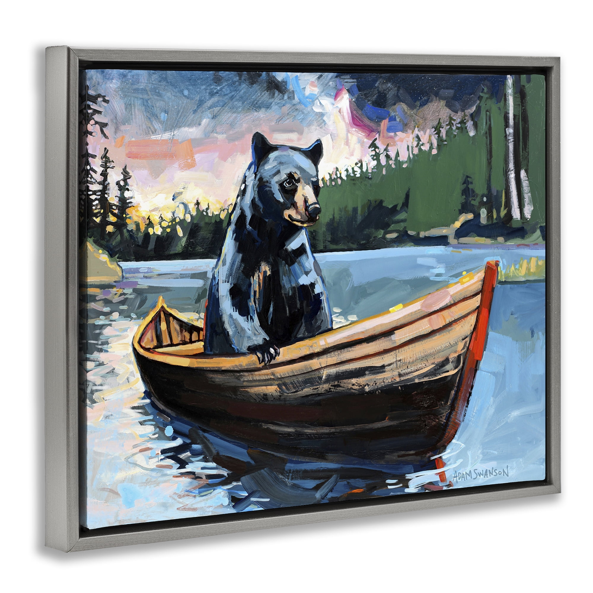 Stupell Industries Boating Black Bear Animals Painting Gray Floater Framed Canvas Art Print Wall Art, 31 x 25