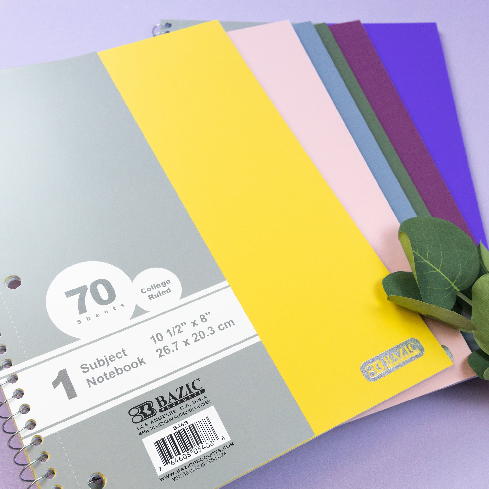 BAZIC Spiral Notebook, 1 Subject, College Ruled Paper 8" x 10-1/2", 70 Sheets Poly Cover, Assorted Color, 6-Pack