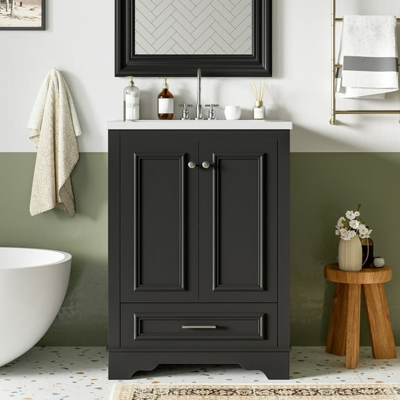 24-inch bathroom vanity with ceramic sink combination, sturdy and stable, modern freestanding storage cabinet with ample storage space, with silver handles and soft-close doors