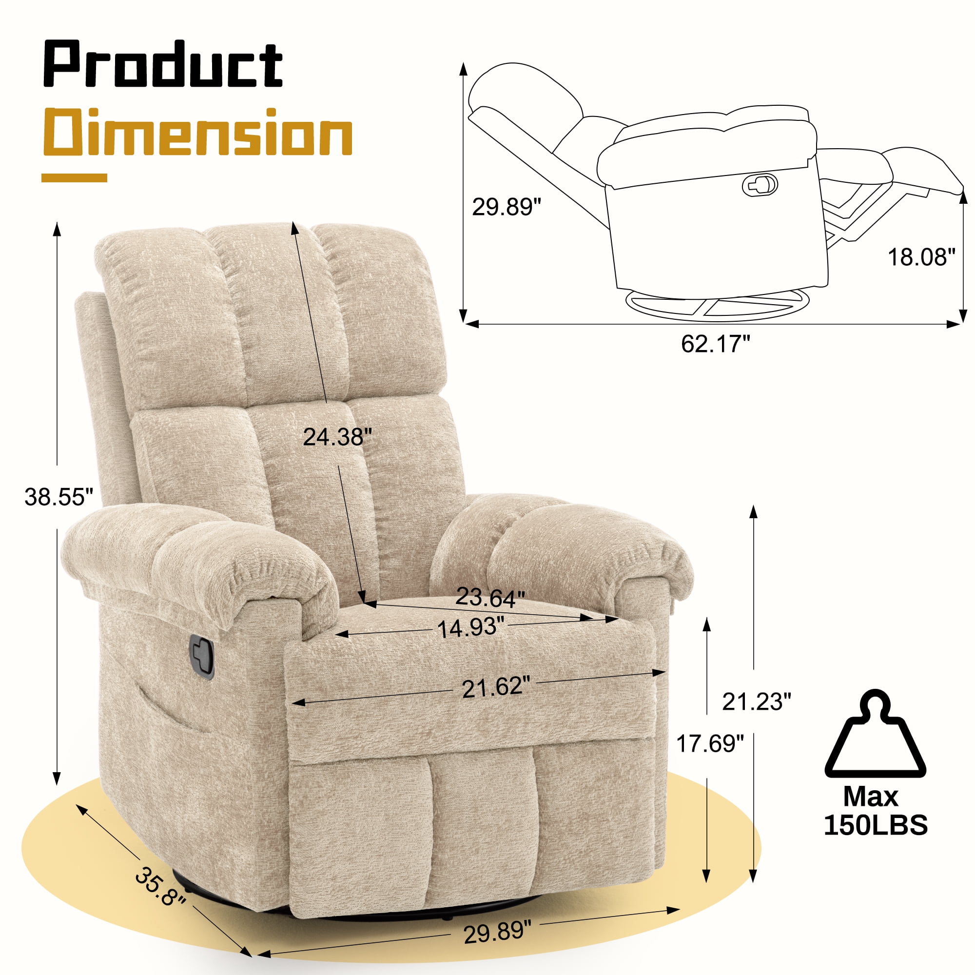Korser Small Recliners for Small Spaces,Swivel Rocker Recliner Chair with Side Pockets for Living Room,Khaki