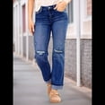 thumbnail image 4 of Pantalones Vaqueros Boyfriend Rectos de Tiro Medio para Mujer, de Mezclilla Elástica y Rasgada, A . Azul Oscuro S, 4 of 8