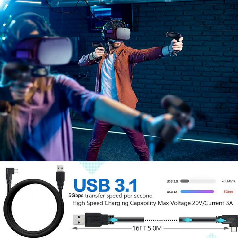 10ft Link Cable for Oculus Quest 2 & Quest 1 for PC Gaming & Charging | High Speed Data Transfer & Fast Charger Cord 90 Degree Angled Type C USB3.2