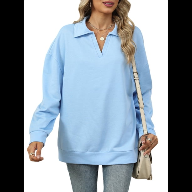de Larga con Cuello en V para Mujer, Sudaderas Ligeras, Ropa de Moda de Otoño 2025. Azul L