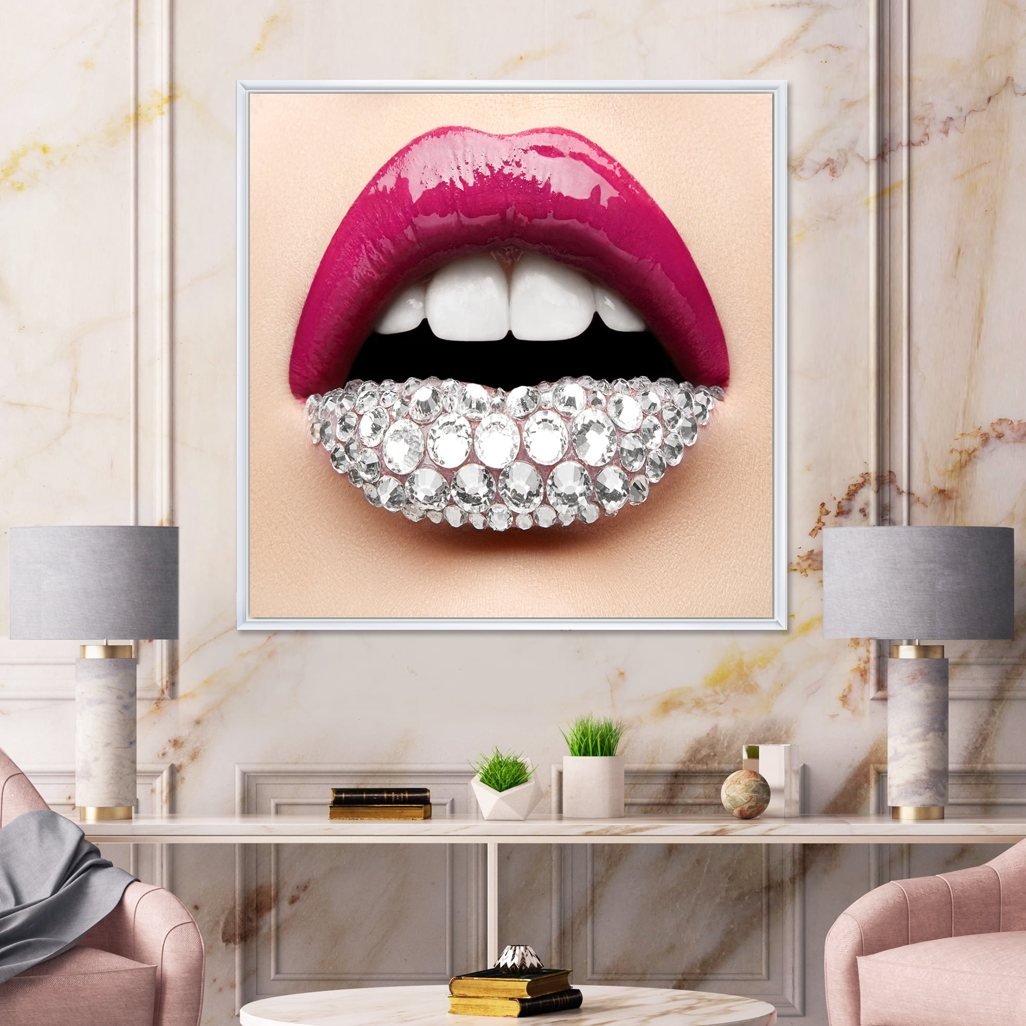Girl Lips With Pink Lipstick White Diamonds 36 in x 36 in Framed Photography Canvas Art Print, by Designart