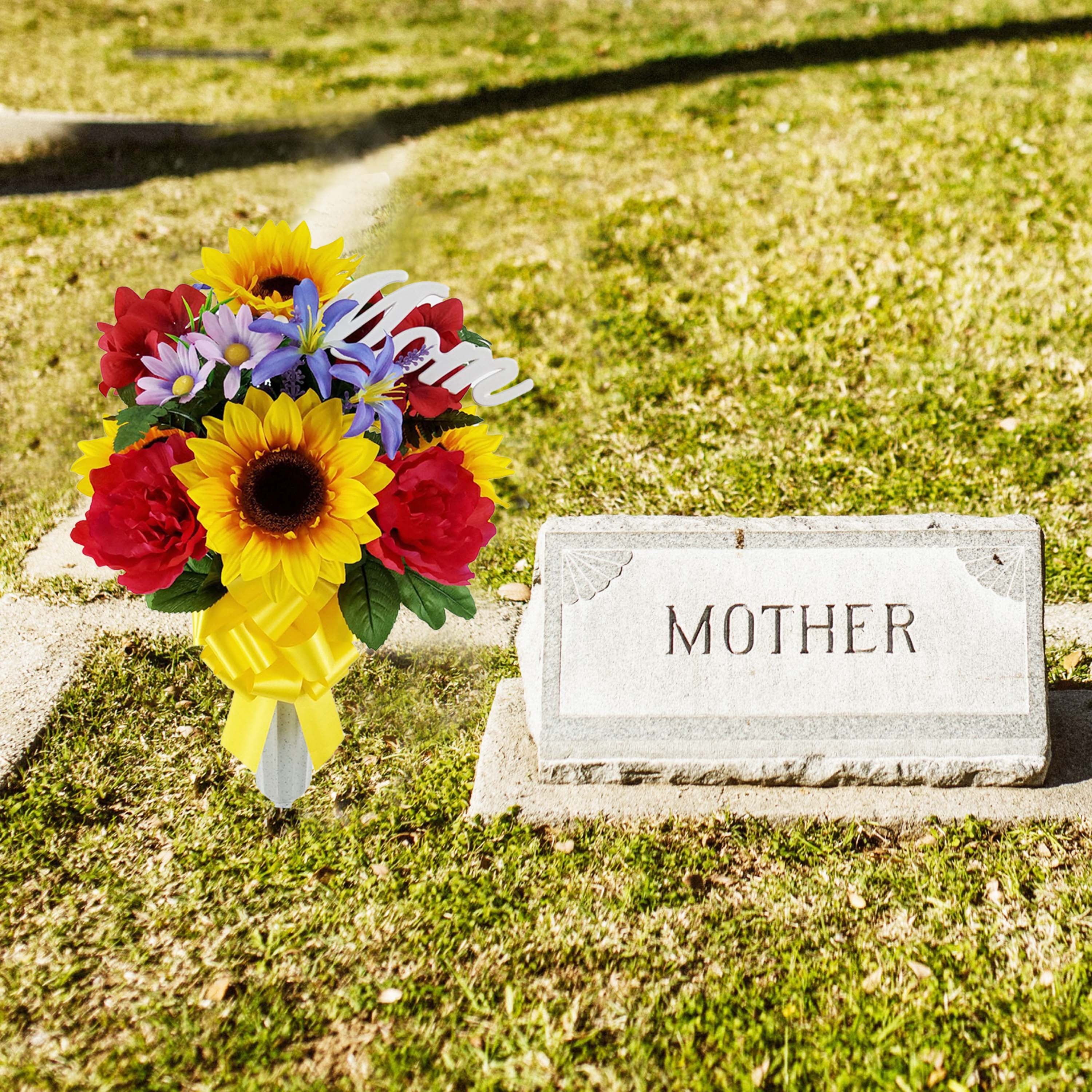 Mainstays 20in Outdoor Artificial Flowers in Vase with "Mom" Sign, Yellow Sunflower and Red Peony.