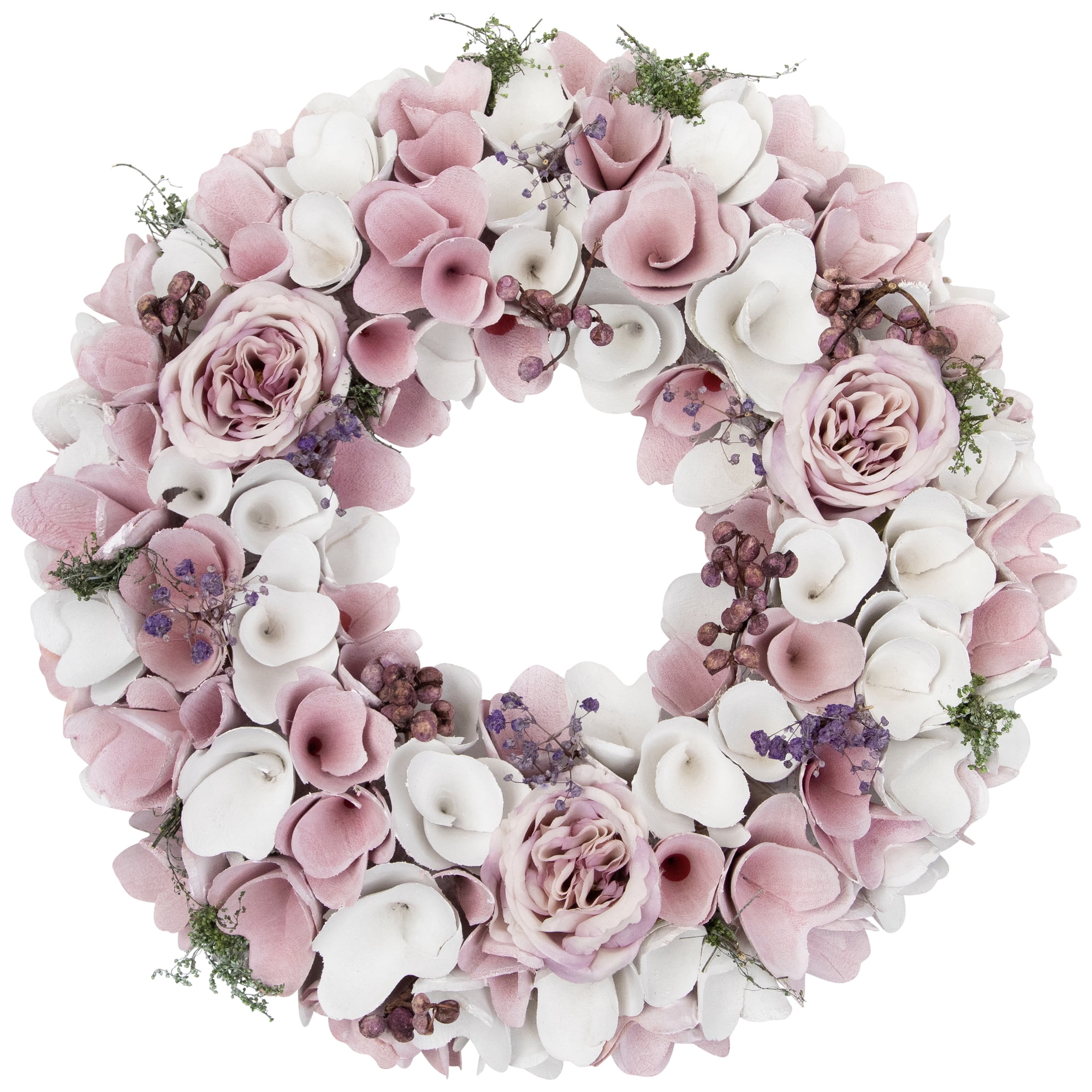 Northlight Wooden Floral Artificial Spring Wreath with Berries - 13.5" - Pink and White