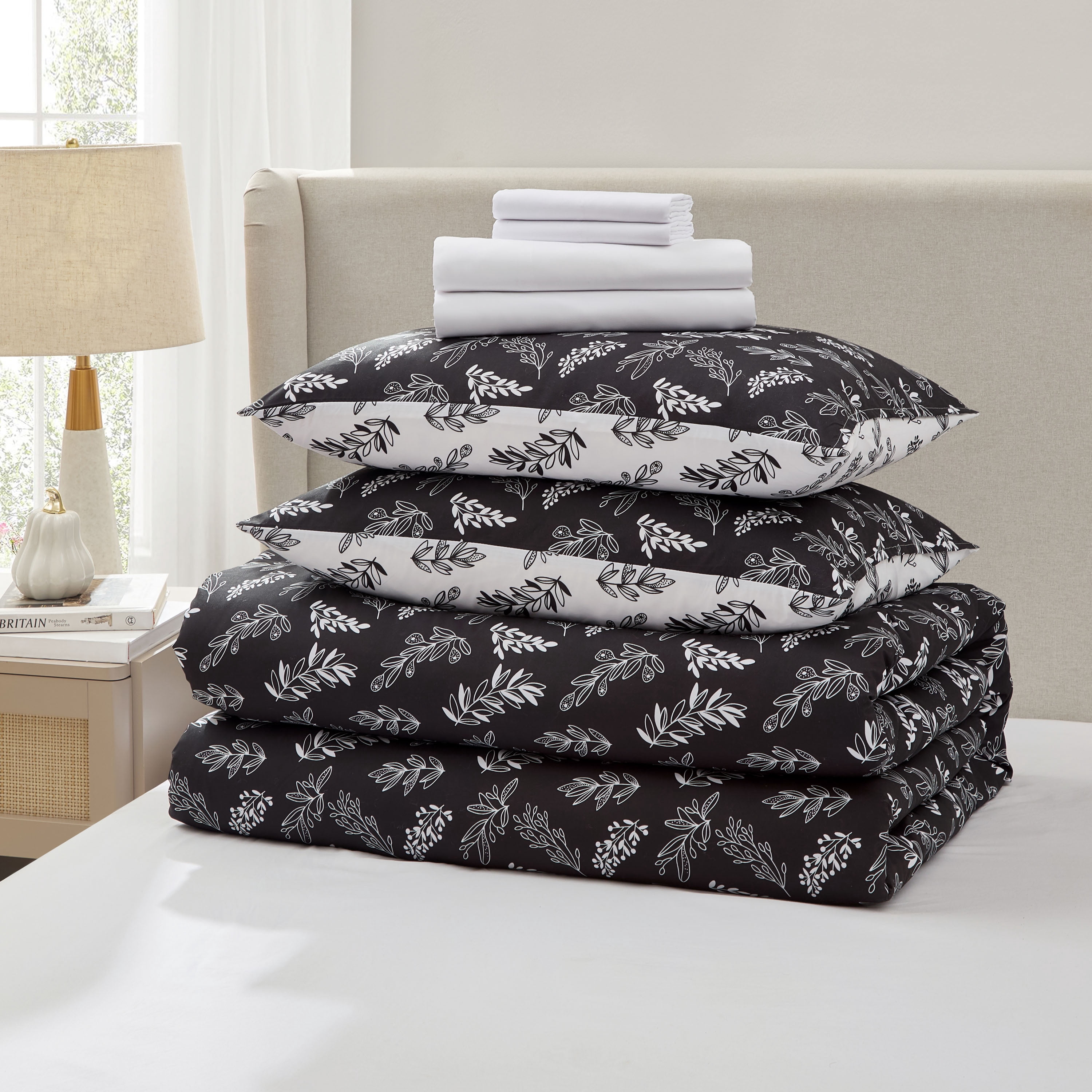 LammaLoe Twin XL Comforter Sets, 5 Piece Reversible Botanical Bed in a Bag, Dorm Bedding Comforter Set with Sheets, Modern Bed Set, Jet Black/Optical White