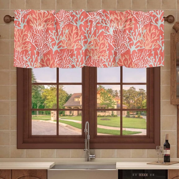 Kitchen Valances for Window, Summer Watercolor Ocean Coral Light Filtering Rod Pocket Valance Curtain, Marine Life on Tangerine Short Curtains Window Topper for Bedroom Bathroom Living Room 54x18in