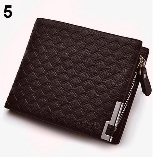 Funie Men\'s Short Faux Leather Tartan Pattern Zipper Wallet Card Money Clutch Billfold
