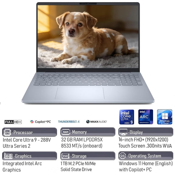 Dell 16 Plus Touchscreen Laptop Computer, Intel Core Ultra 9 288V, Copilot PC with on-Device AI, 32GB LPDDR5X RAM, 1TB PCIe SSD, WiFi 7, Backlit Keyboard, Windows 11 Home