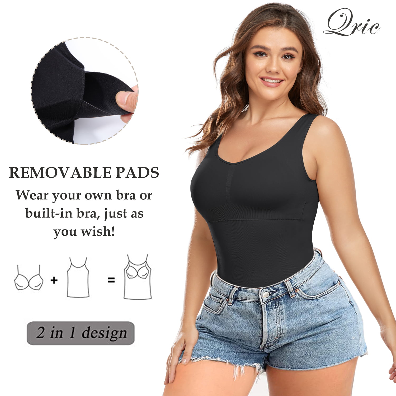 QRIC Women Shaper Cami with Built in Bra Shapewear Tank Top Tummy Control  Camisole Slimming Compression Undershirt 