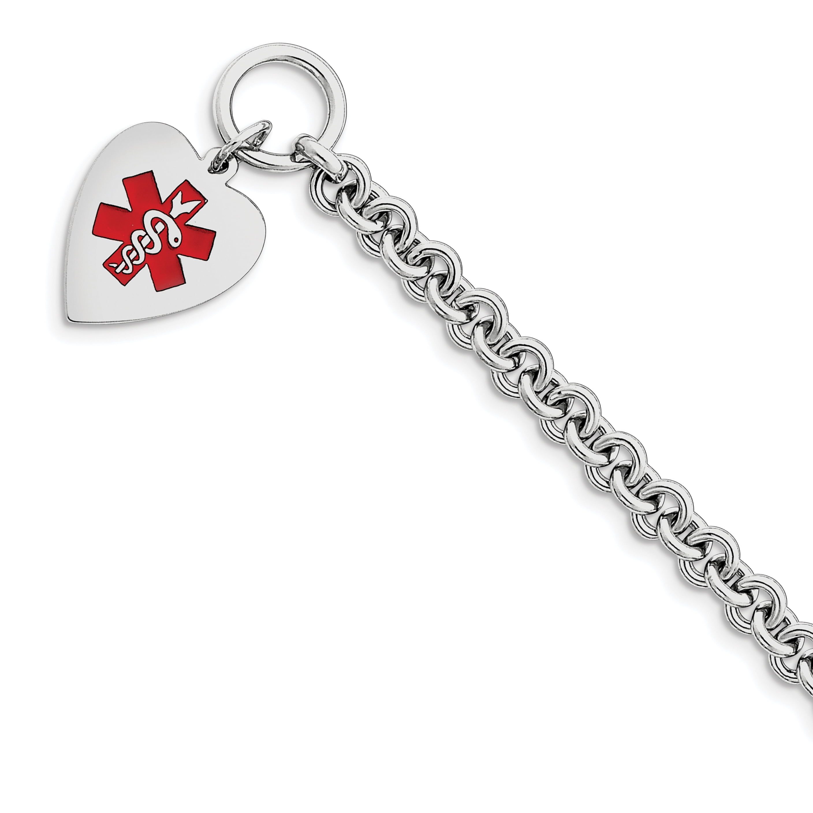925 Sterling Silver Engraveable Enameled Heart Medical Id Bracelet 8.75 ...