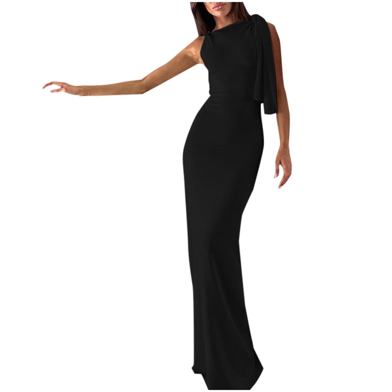Wyzesi Womens Cocktail Dresses for Wedding Guest Fall Women's Asymmetric  One Shoulder Tie Waist Bodycon Midi Dress Elegant French Style