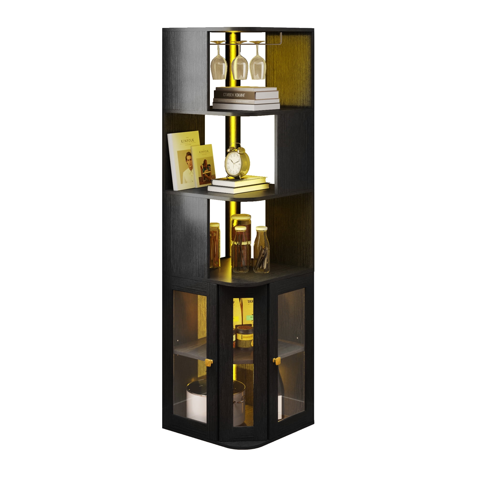 Uforic 5 Tier Corner Bar Cabinet with LED Lights & Glass Holder, Storage Cabinet with Door and Shelves, Black